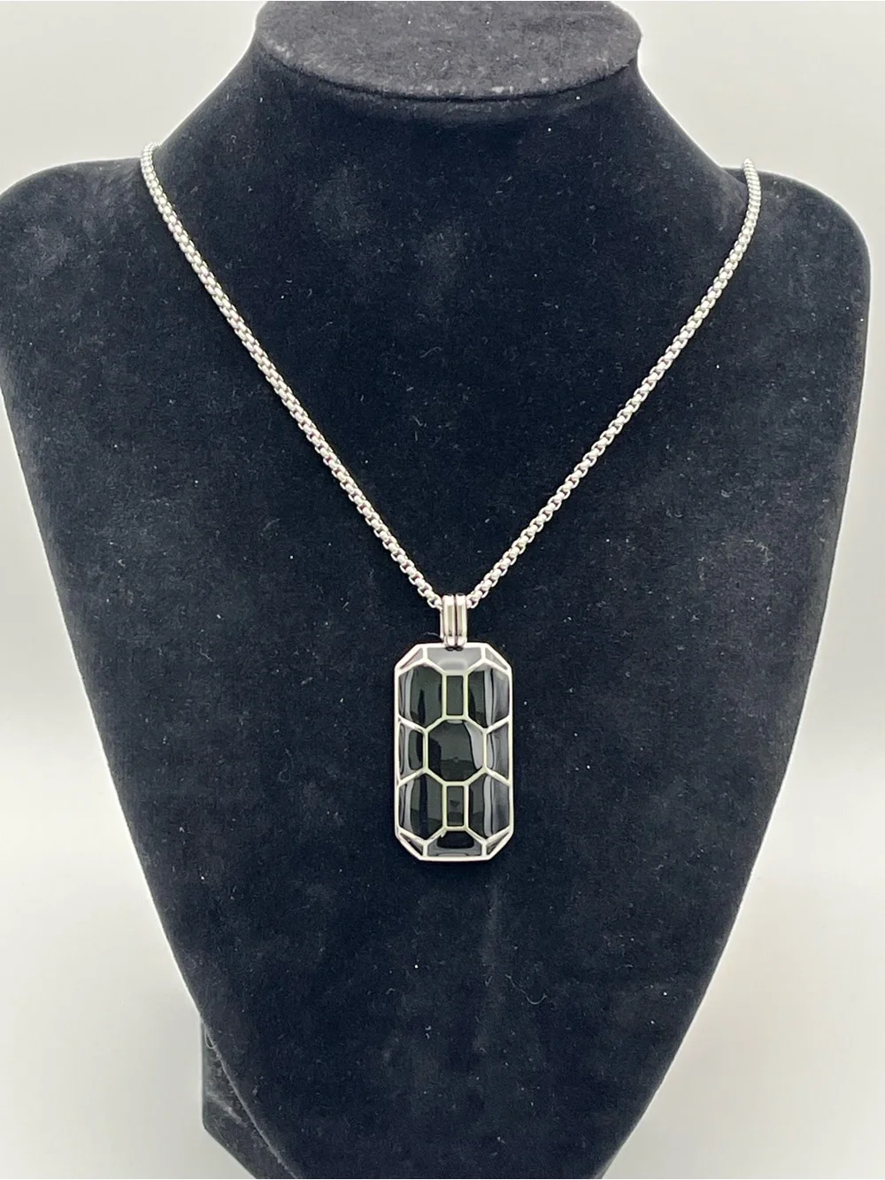 24”. Stainless Steel Dog Tag with Black Geometric Inlay